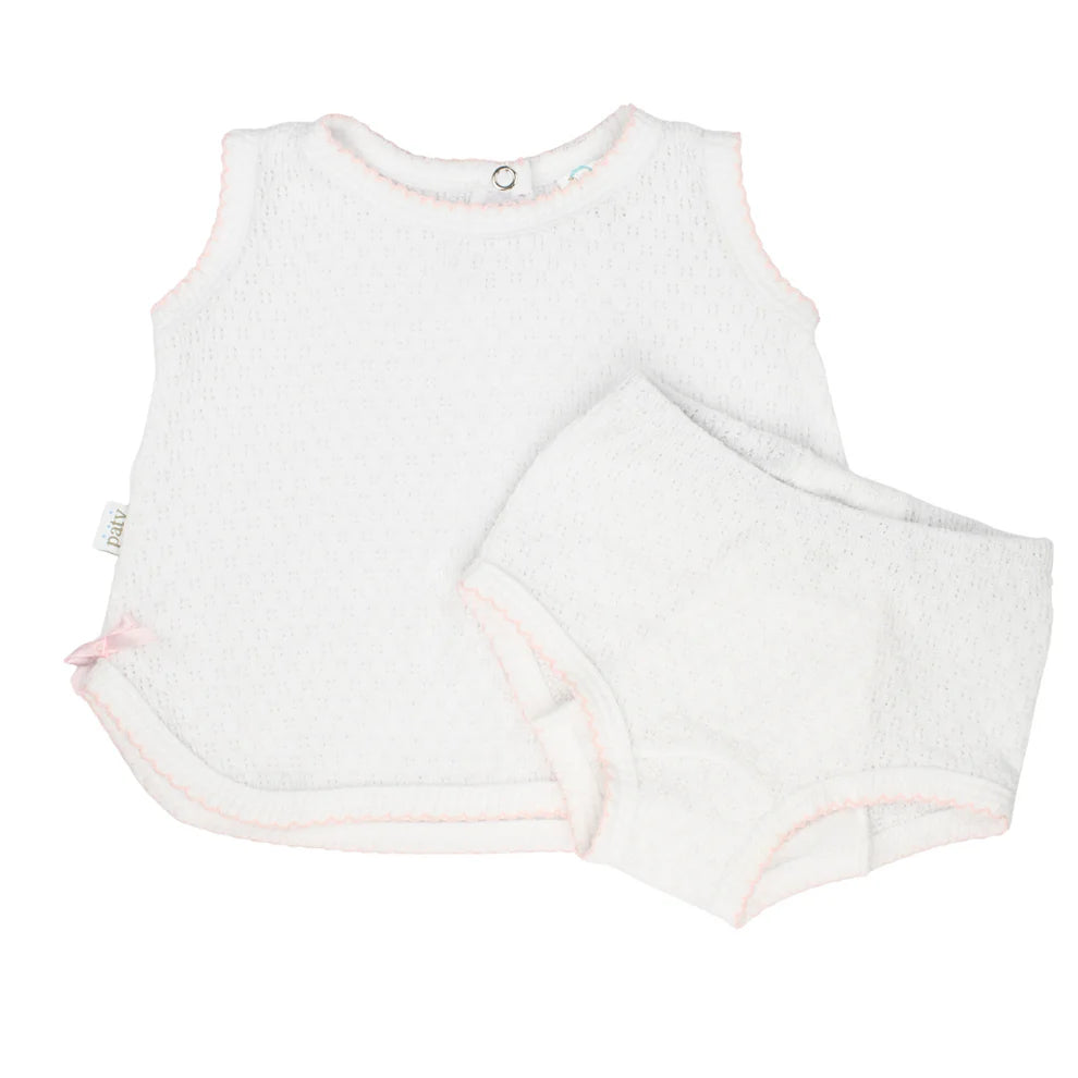 Paty Knit 2 PC Sleeveless Diaper Set with Pink Trim
