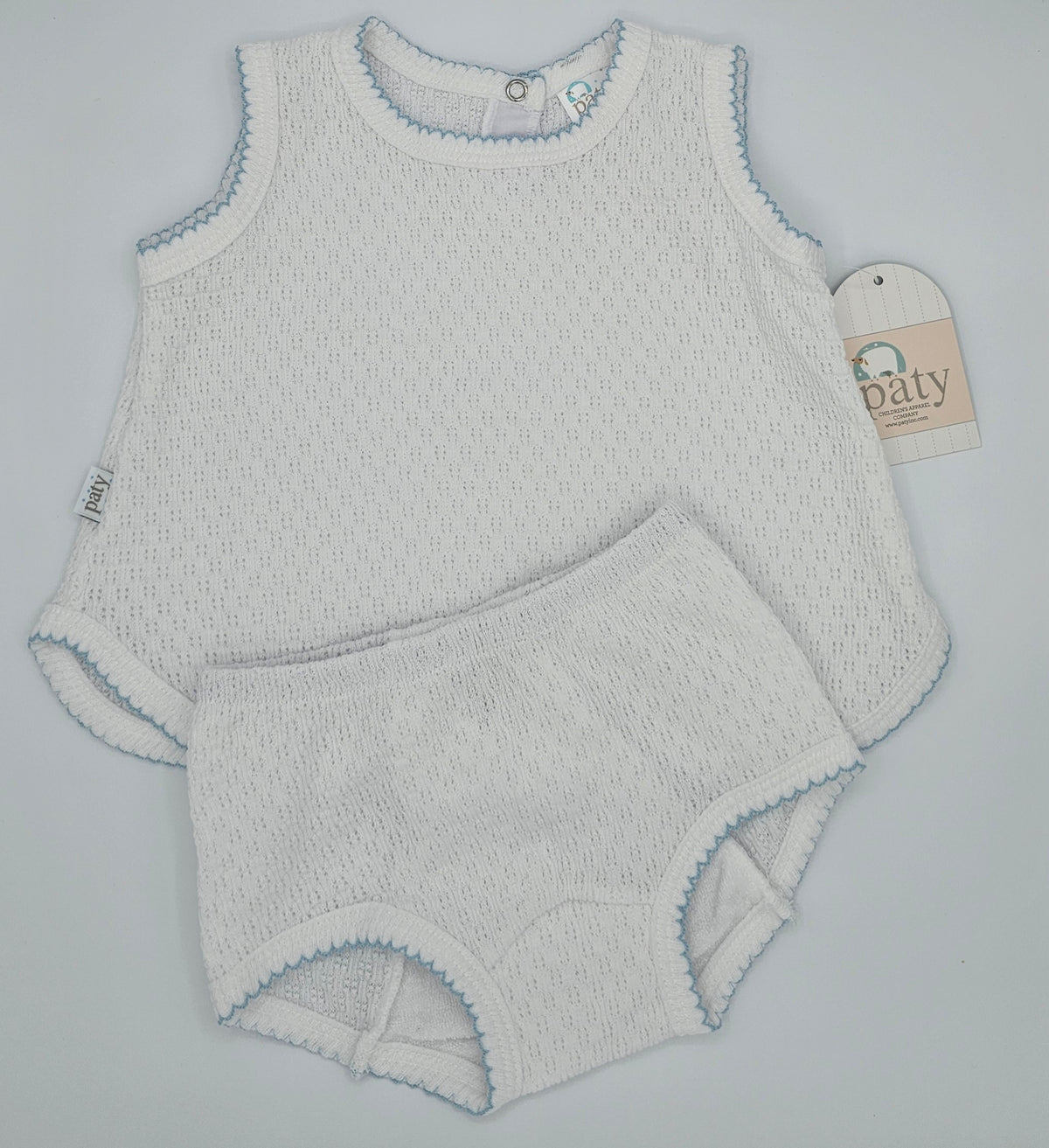 Paty Knit 2 PC Sleeveless Diaper Set with Blue Trim