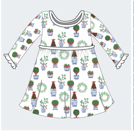 Long Sleeve Playtime Dress - Holiday Topiaries