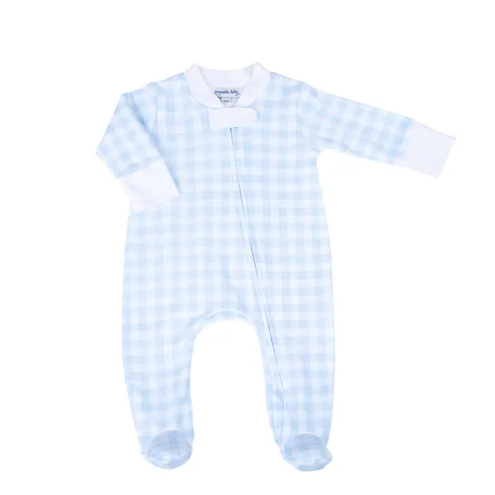 Magnolia Baby Blue Baby Check Zip Footie