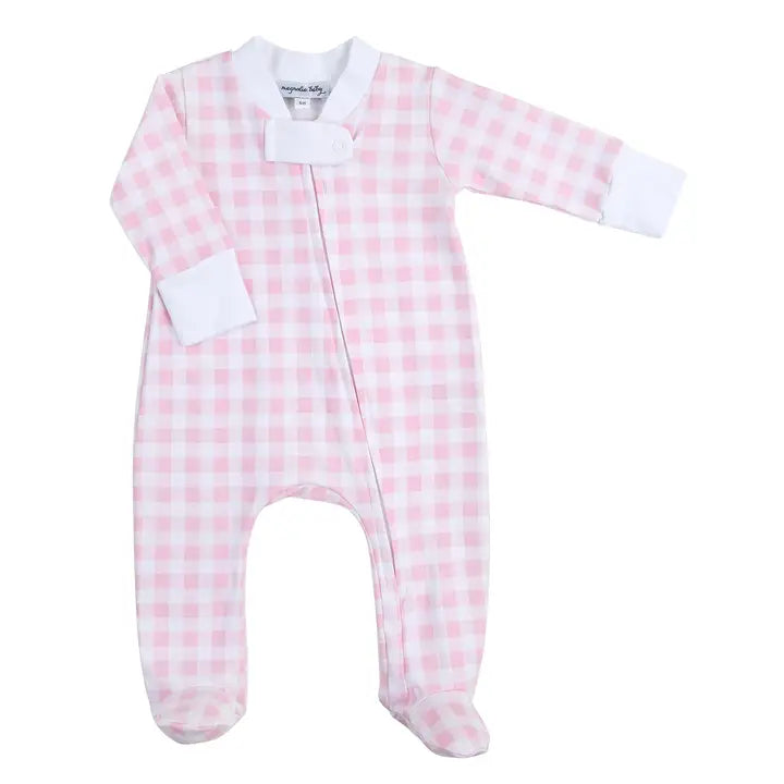 Magnolia Baby Pink Baby Checks Zip Footie